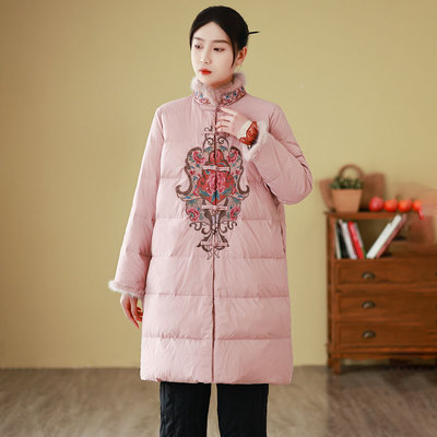 国风中长款立领刺绣羽绒服