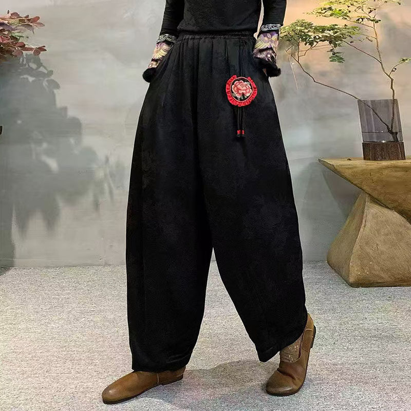 梅子家2026新款缎面提花哈伦裤松紧腰大码休闲裤纯色净版灯笼裤女