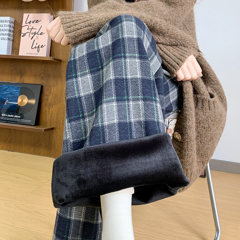 加绒格子裤慵懒风休闲直筒阔腿裤