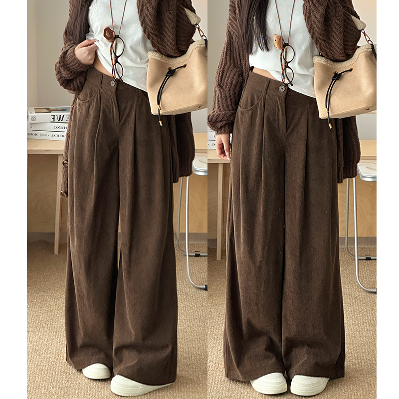 咖色阔腿裤女休闲加绒灯芯绒裤子