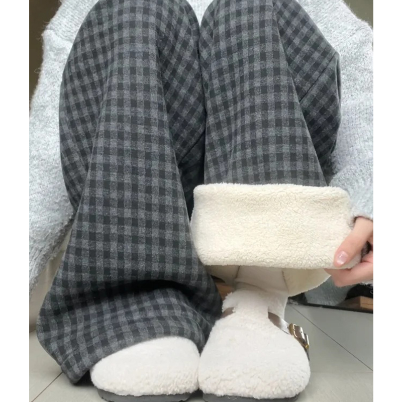 羊羔绒格子阔腿裤女冬季加绒加厚