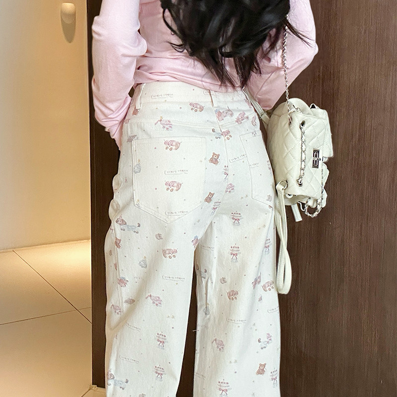 卡通小熊印花牛仔裤女2026新款春秋高腰显瘦可爱风休闲直筒阔腿裤,女装/女士精品,牛仔裤,淘宝优惠券,粉丝福利购,淘宝优惠卷