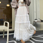 法式 浪漫风白色蕾丝拼接A字蛋糕裙女2026新款 高腰显瘦大摆半身裙