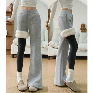 卫裤 浅灰加厚微喇裤 保暖休闲美式 羊羔绒运动喇叭裤 女秋冬2025新款
