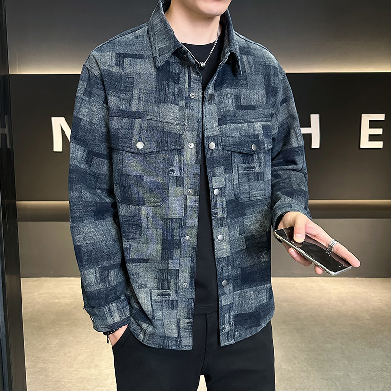 拔印格纹牛仔外套翻领复古休闲衬衣迷彩夹克男JK2289-P95,男装工装外套,电商D236（原A051）