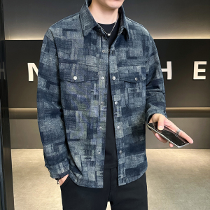 拔印格纹牛仔外套翻领复古休闲衬衣迷彩夹克男JK2289-P95图片