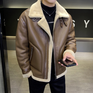 皮毛一体外套男冬季加绒加厚男士机车皮夹克9233-P210图片