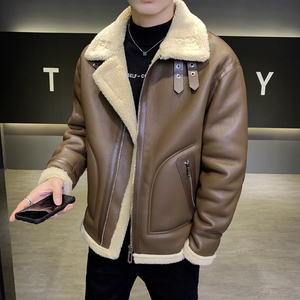 皮毛一体外套男冬季加绒加厚男士机车皮夹克9233-P210图片