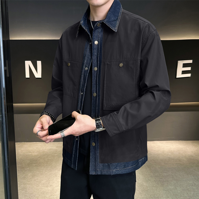 牛仔拼接假两件翻领夹克男潮牌设计感百搭外套JK2290-P110，男装夹克，电商D236（原A051）
