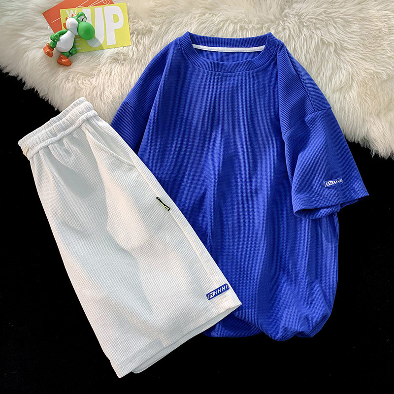 초대형 사이즈 300파운드 와플 반팔 티셔츠 여성용 반바지 정장 여름 소금 스타일 스트리트 캐주얼 스포츠 투피스 세트