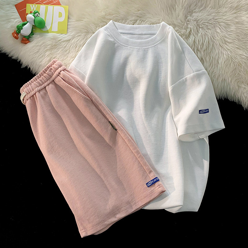 초대형 사이즈 300파운드 와플 반팔 티셔츠 여성용 반바지 정장 여름 소금 스타일 스트리트 캐주얼 스포츠 투피스 세트