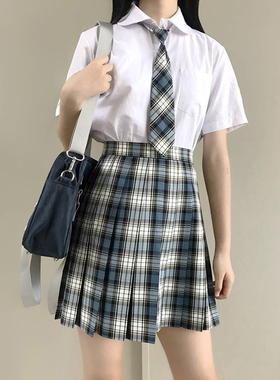 维德Ved原创苍井JK制服裙日系学院风蓝白格短裙百褶裙町冬送领结