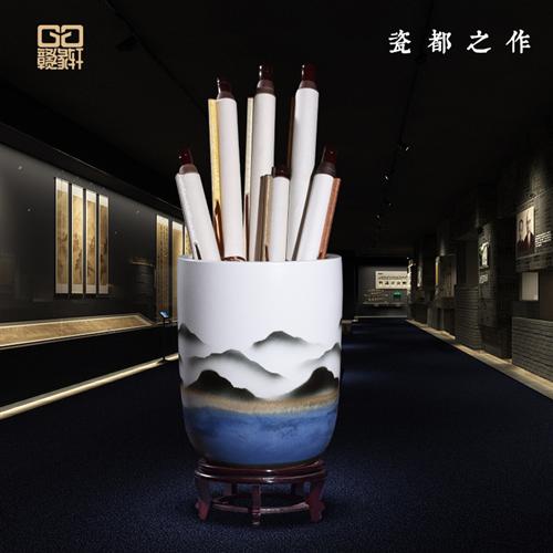 新中式水墨书画缸卷轴摆件书房办公室文房装饰品售楼处陶瓷花瓶罐