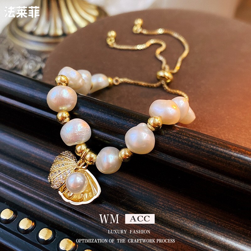 BAROQUE VINTAGE FRESHWATER PEARL STITCHING BRACELET WOMENS NICHE DESIGN SENSE IRREGULAR METAL PULL-OUT BRACELET ORNAMENT