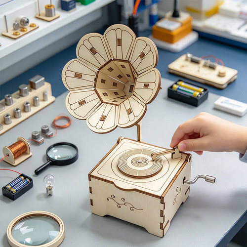 科技小制作DIY留声机学生手工拼装复古手摇音乐盒科学实验材料包
