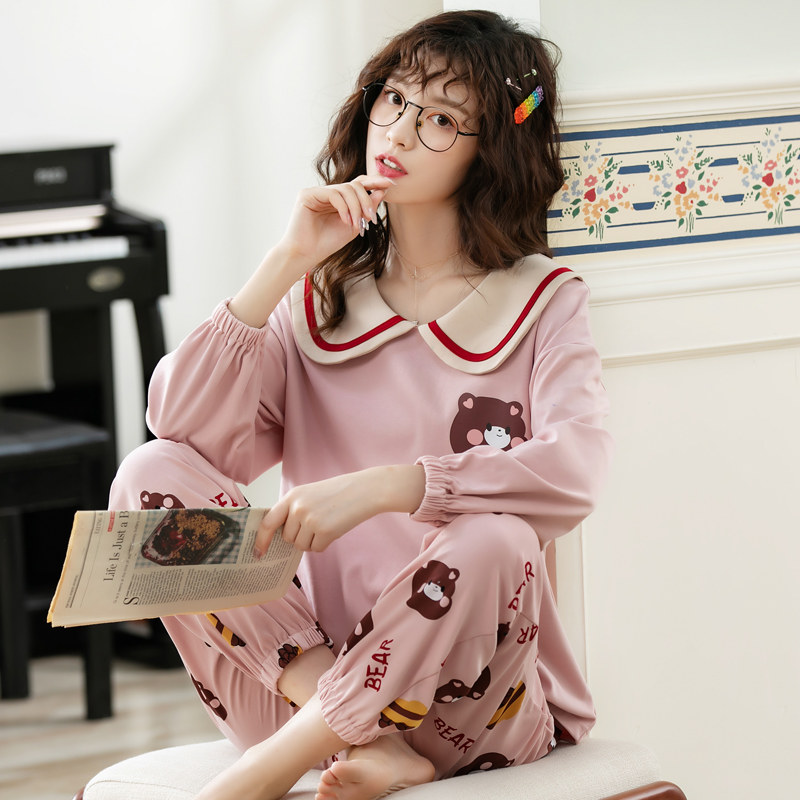 蓓蓓可睡衣女春秋纯棉2021年新款长袖薄款可爱粉色娃娃领家居服夏