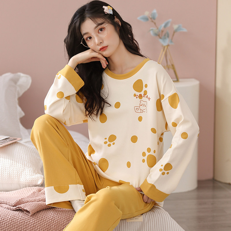 蓓蓓可睡衣春秋女长袖纯棉圆领套头可爱日系猫爪印花家居服两件套
