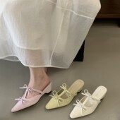 尖头蝴蝶结包头半拖鞋 女外穿坡跟凉拖鞋 绒面甜美配裙鞋 法式 单鞋 子