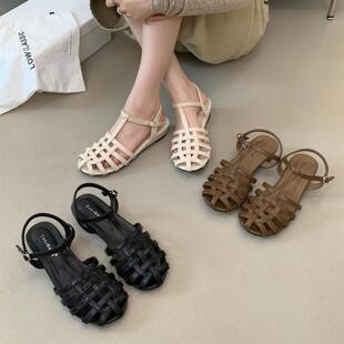小众复古设计感镂空编织罗马凉鞋女低跟露趾百搭秋季真皮半拖凉拖