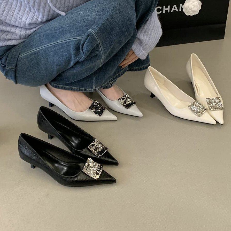 韩式金属扣尖头单鞋女细跟浅口法式优雅四季轻熟风通勤职场高跟鞋,女鞋,浅口单鞋,淘宝优惠券,粉丝福利购,淘宝优惠卷