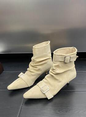法式尖头细跟短靴女秋冬皮