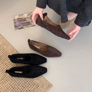 复古风内增高方头深口单鞋女绒面百搭不累脚配裙子加绒保暖晚晚鞋