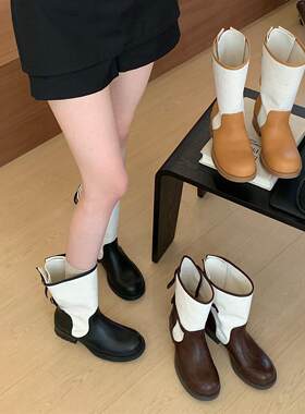 韩版拼色皮带扣中筒靴女冬