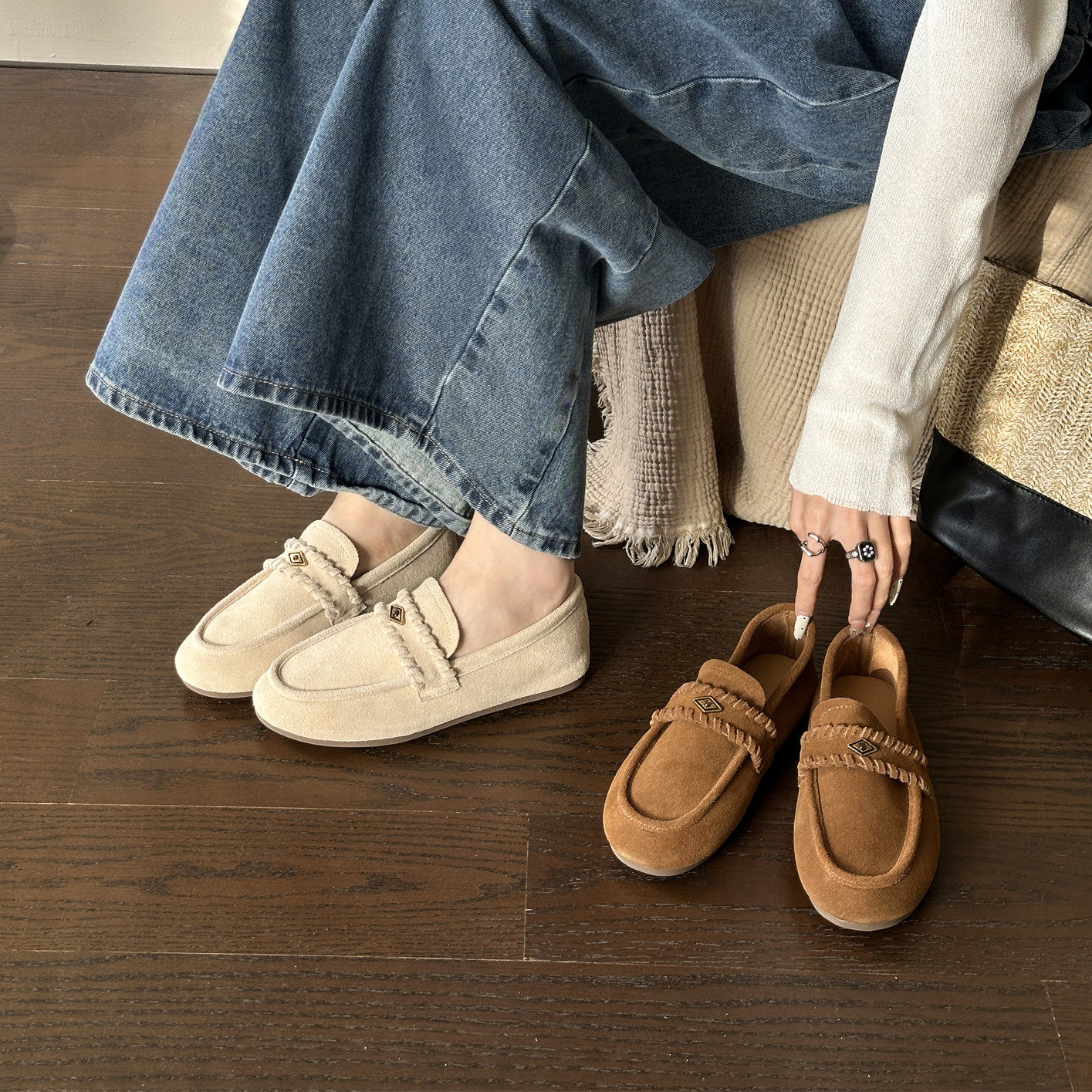 英伦风真皮乐福鞋女反绒皮一脚蹬平底豆豆鞋软底舒适懒人深口单鞋,女鞋,乐福鞋（豆豆鞋）,淘宝优惠券,粉丝福利购,淘宝优惠卷