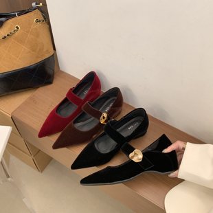 通勤一字带百搭搭裙子晚晚鞋 绒面尖头玛丽珍鞋 森女内增高浅口单鞋