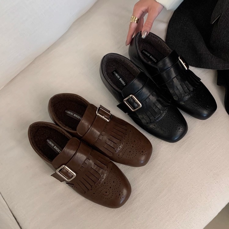 复古风方头内增高加绒保暖乐福鞋