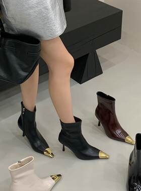 欧美金属尖头短靴女冬季细