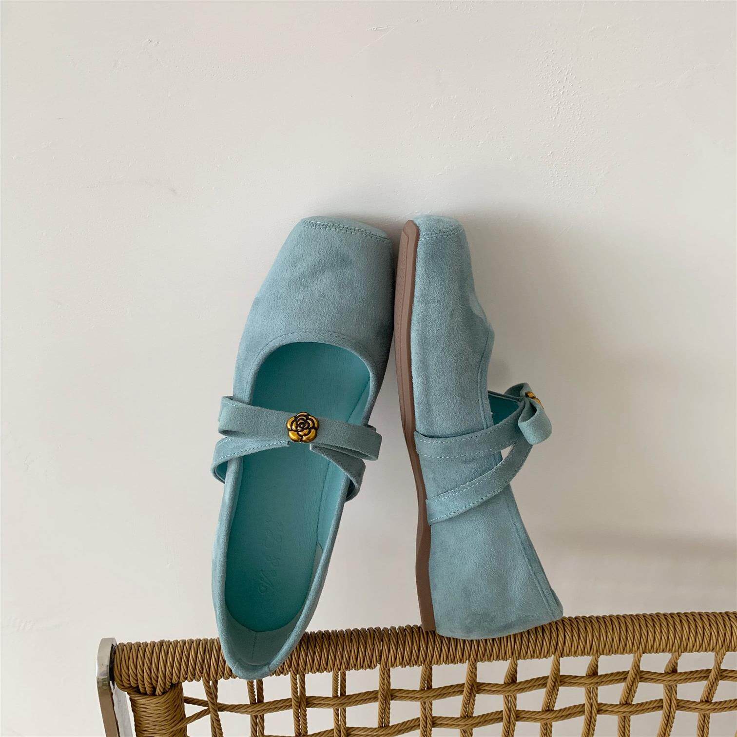 法式山茶花玛丽珍鞋女平底浅口单鞋绒面一字带蝴蝶结舒适奶奶鞋子