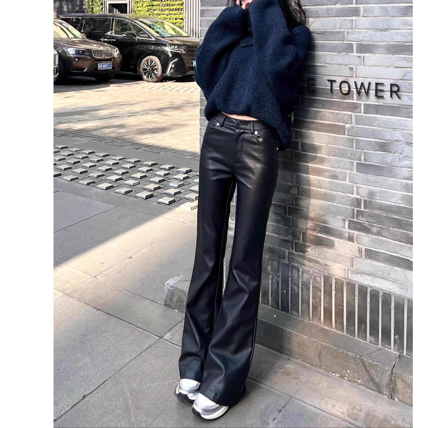 Bonheur美式复古皮裤女黑色微喇修身显瘦休闲裤高腰辣妹PU拖地裤