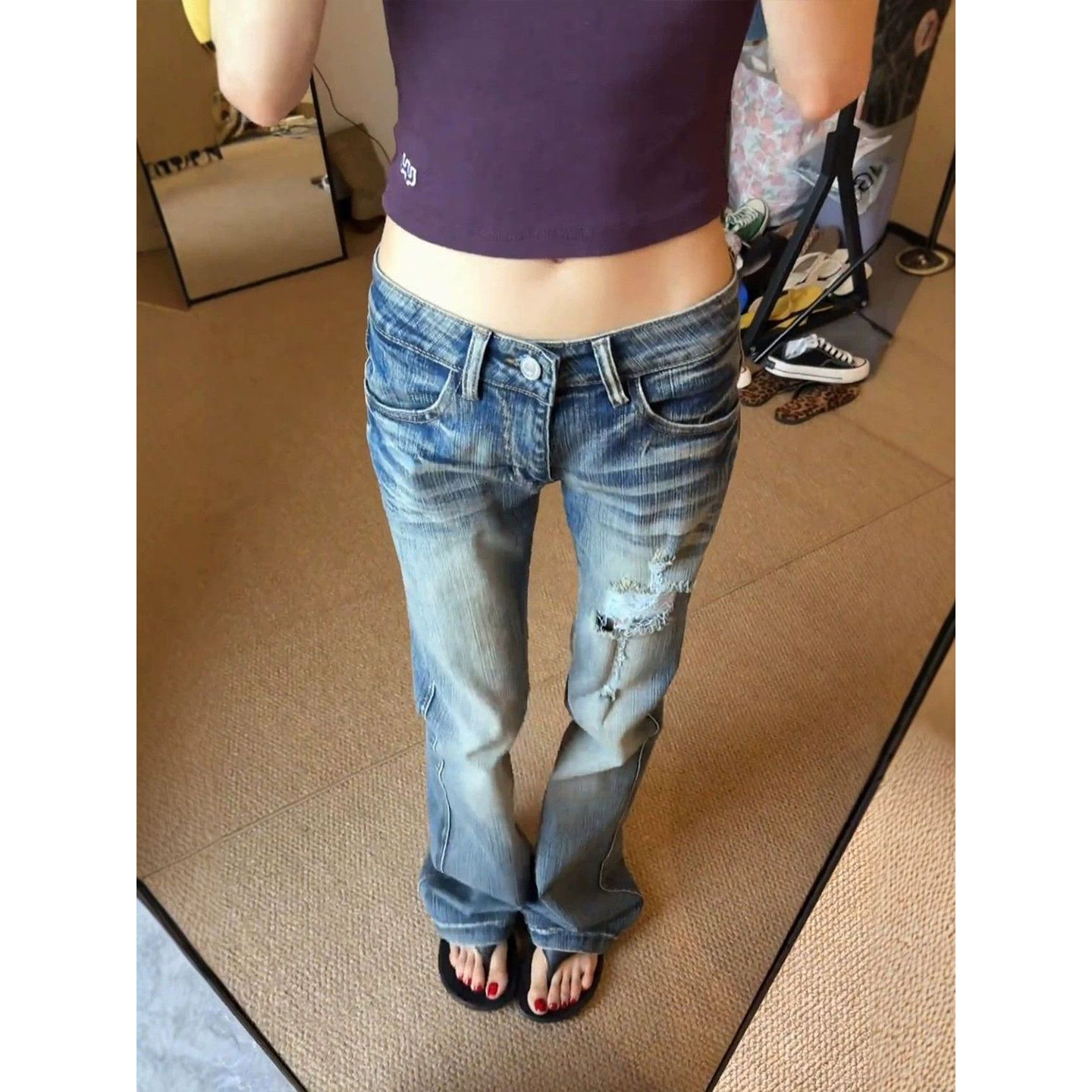 Bonheur韩系复古牛仔裤女低腰破洞设计感做旧辣妹直筒微喇拖地裤