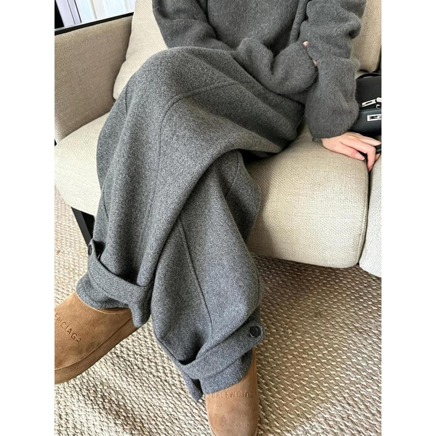 Bonheur韩系复古休闲裤女老钱风毛呢时髦西裤人字纹阔腿裤西装裤