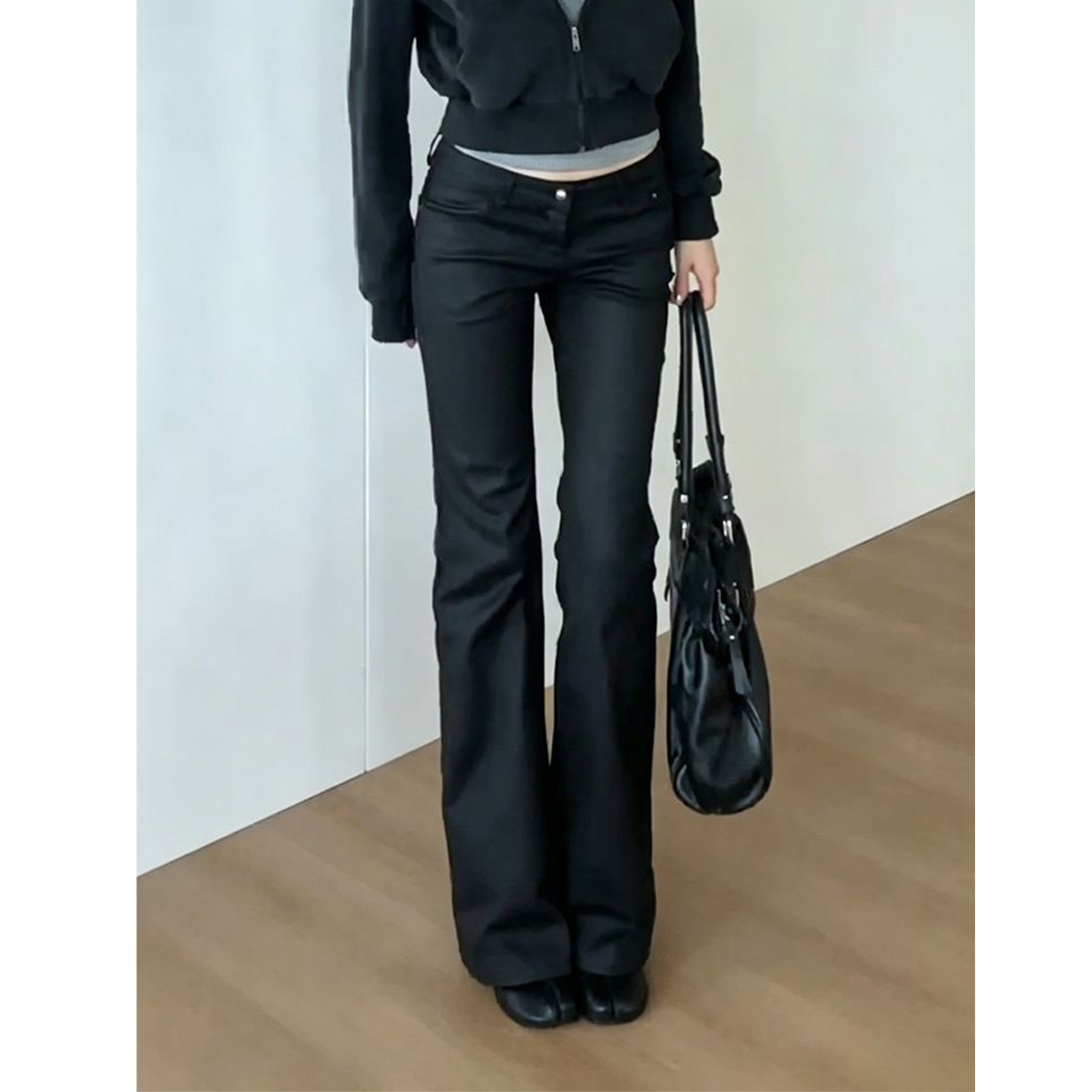 Bonheur韩系复古休闲裤女高级感黑色低腰牛仔裤y2k千禧辣妹微喇裤