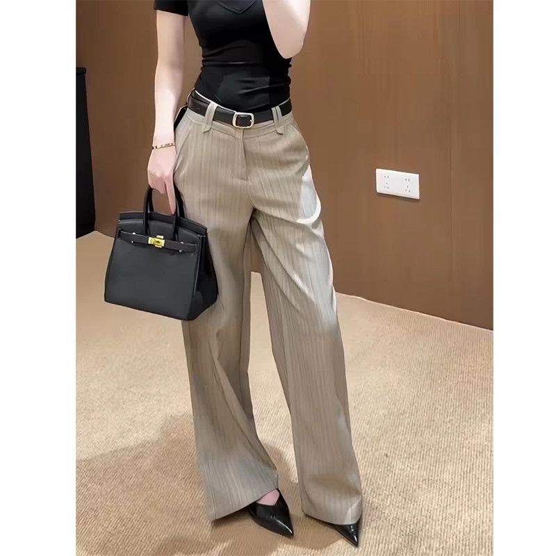 Bonheur韩式复古西裤女老钱风卡其阔腿西装裤低腰慵懒垂感直筒裤