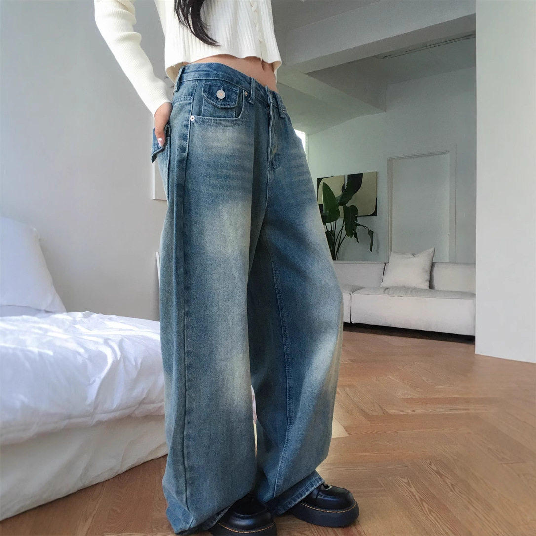 Bonheur韩系牛仔裤女复古做旧设计感口袋水洗磨白阔腿裤长裤春,女装/女士精品,牛仔裤,淘宝优惠券,粉丝福利购,淘宝优惠卷