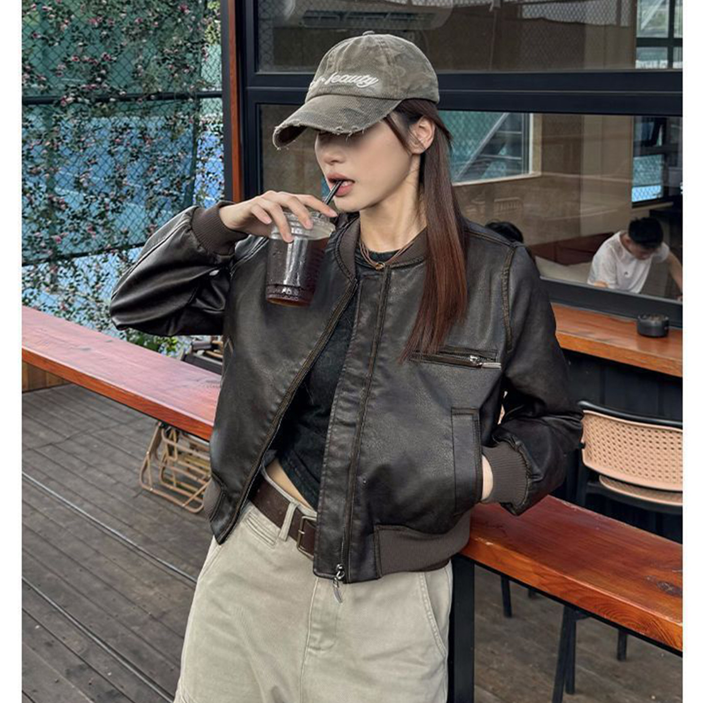 Bonheur 美式棒球服皮衣外套女短款宽松百搭休闲机车服PU皮夹克