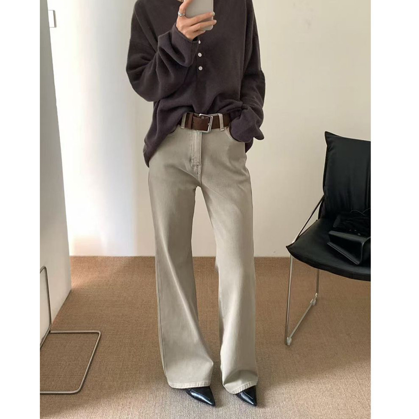 Bonheur韩系复古牛仔裤女加绒高腰四面弹宽松显瘦不贴腿喇叭裤