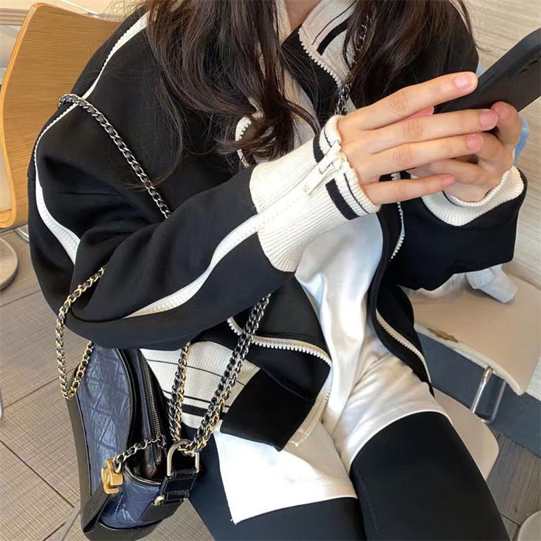 Bonheur 韩系复古衬衫棒球服外套女休闲宽松撞色黑色运动立领夹克