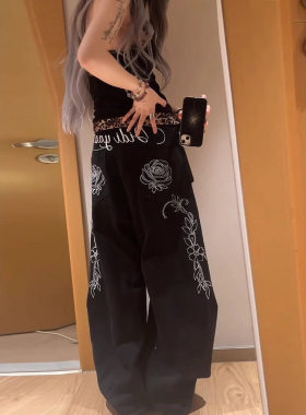 Bonheur美式高街黑色牛仔裤女2026新款辣妹y2k花朵刺绣弯刀裤