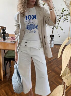 Bonheur美式复古七分裤女夏新款高腰设计感宽松直筒微喇牛仔裤