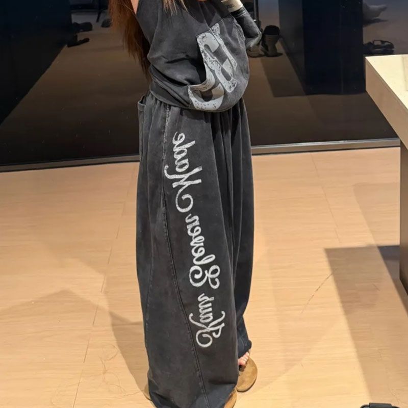 韩系复古卫裤女慵懒字母印花