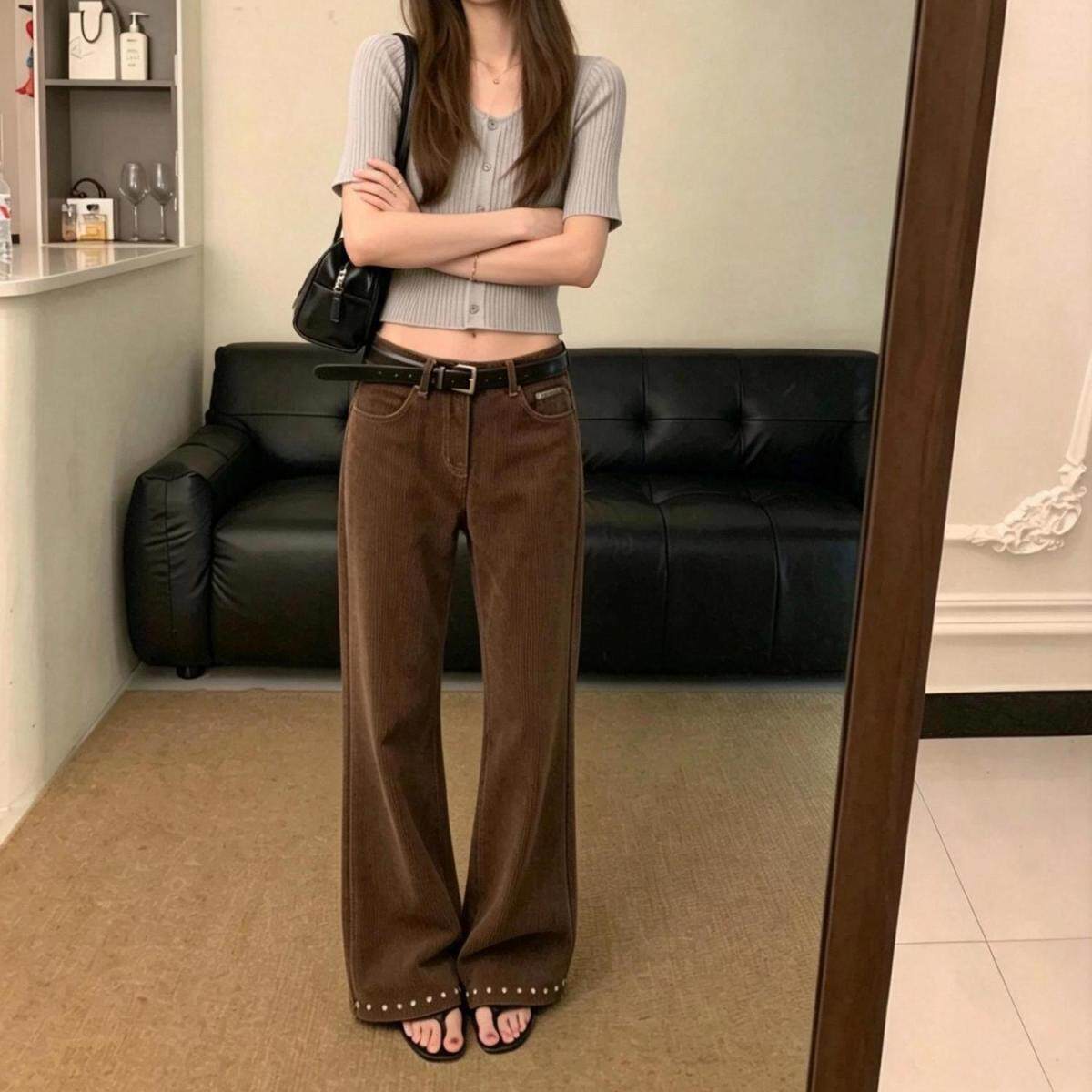 Bonheur韩系复古休闲裤美拉德灯芯绒高腰显瘦微喇垂感珍珠裤脚裤