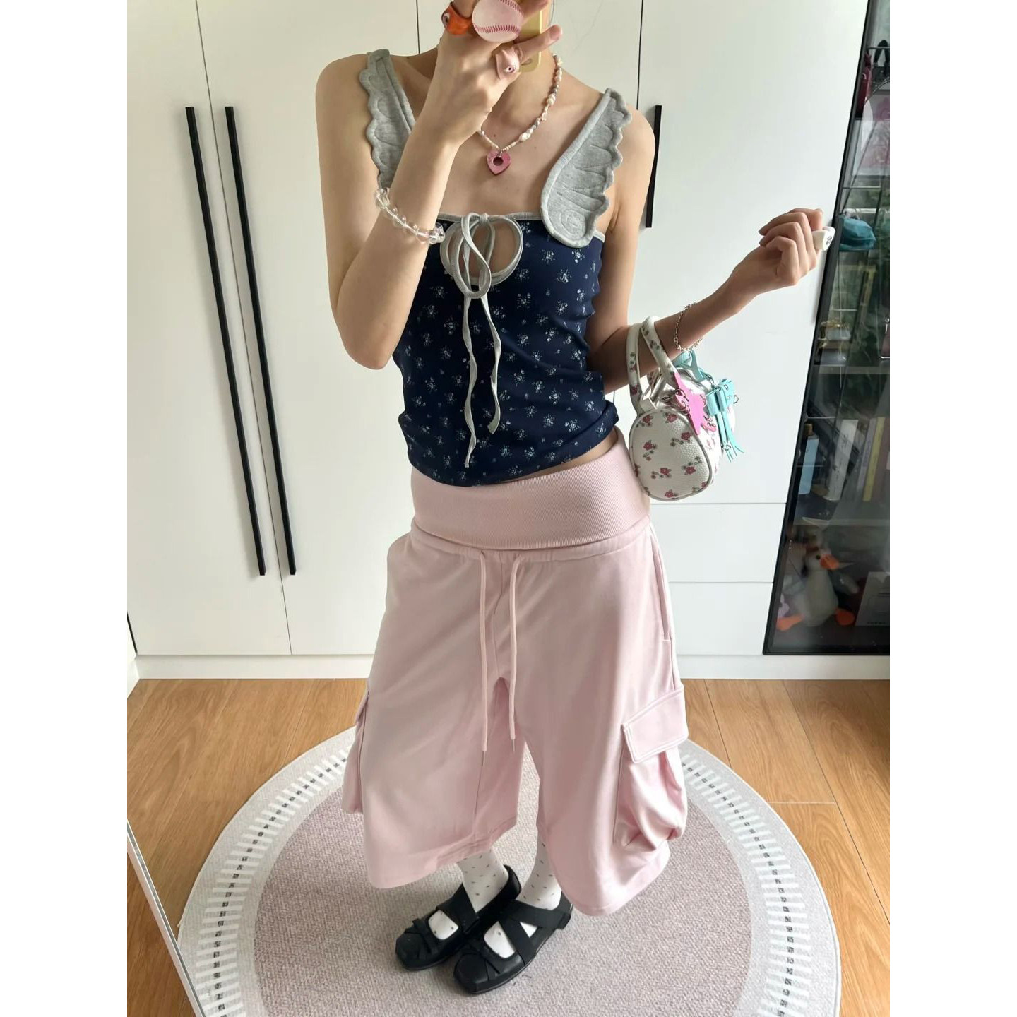 Bonheur 美式甜美风粉色七分裤女夏宽松多巴胺大口袋宽松休闲短裤