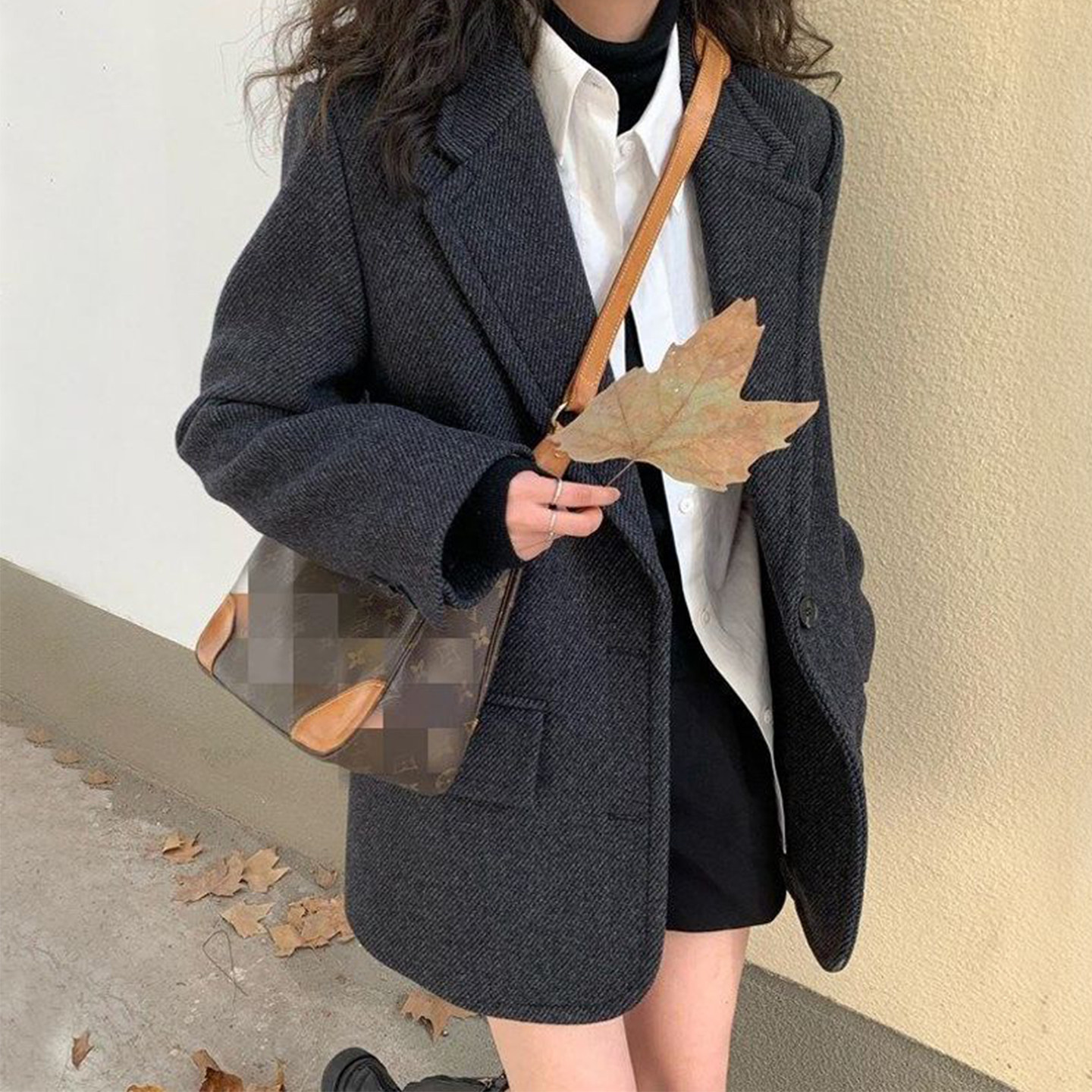 Bonheur韩系复古西服外套女斜纹短款宽松呢子加厚保暖毛呢西装