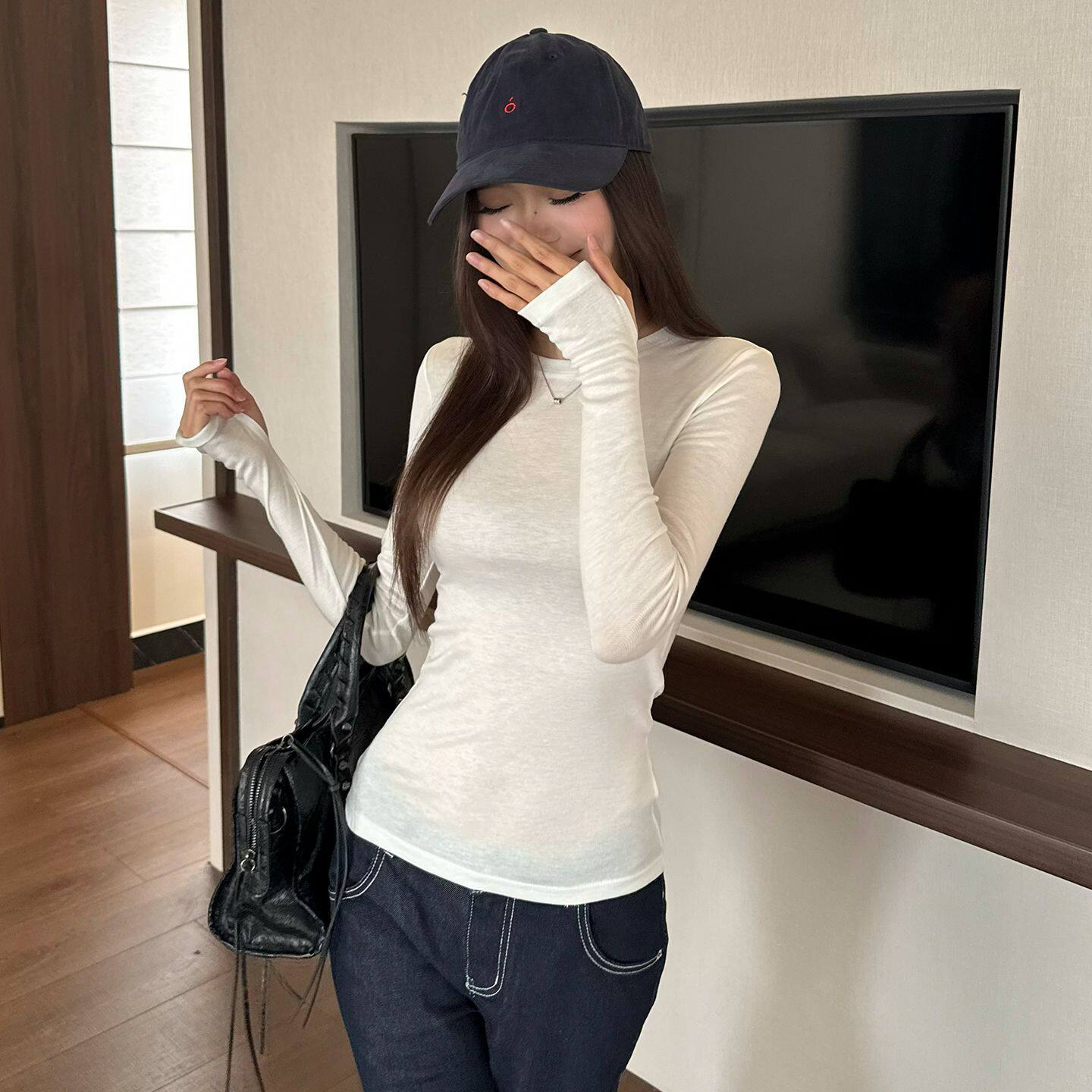 Bonheur韩系复古长袖T恤女美利奴羊毛天丝打底衫圆领修身针织上衣