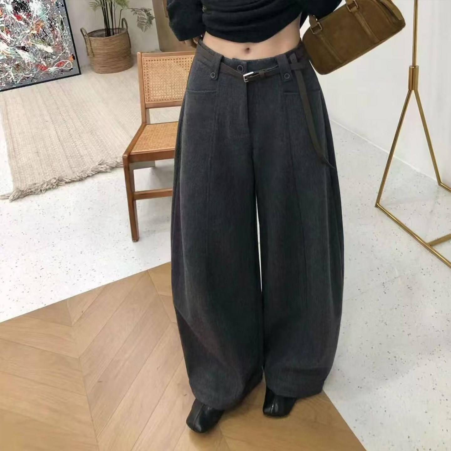 Bonheur韩系复古休闲裤女老钱风垂感设计毛呢女裤加厚显瘦阔腿裤