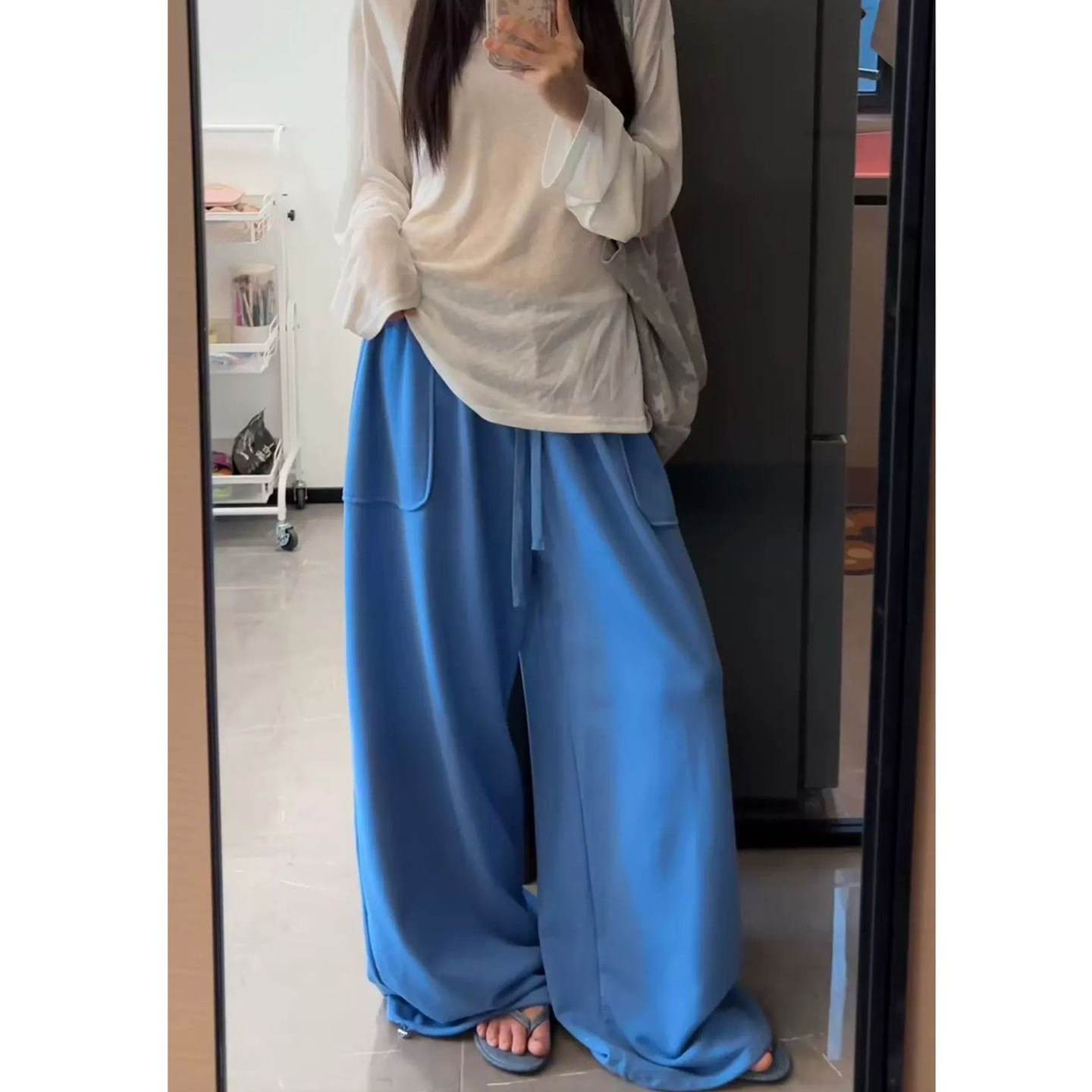 Bonheur韩系复古卫裤女蓝色口袋裤慵懒高腰垂坠感阔腿拖地休闲裤